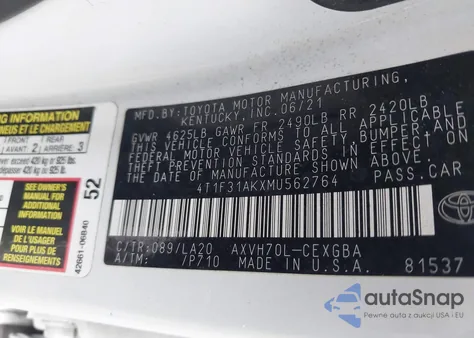 2021 Toyota Camry Xle Hybrid from USA, damaged, VIN 4T1F31AKXMU562764